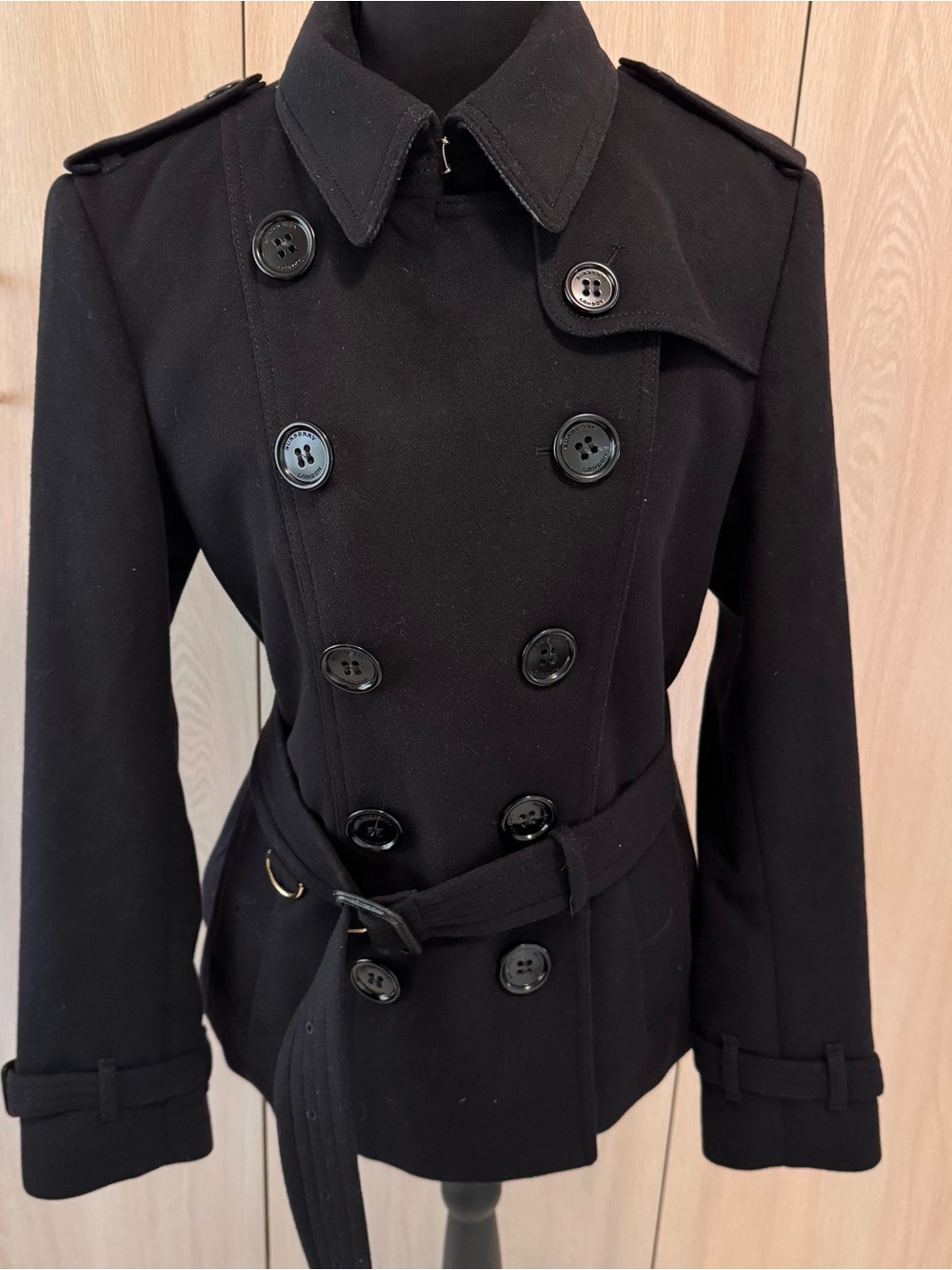 Burberry London Sandringham Black Wool Double-Breasted Coat, Belted Waist - Picture 3 of 12